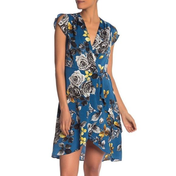 Rachel Rachel‎ Roy Blue Faux Wrap Floral Ruffle High Low Dress - Picture 1 of 9